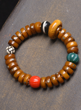 藏传回流牦牛骨镶嵌盘珠手串单圈藏式文玩琉璃玛瑙天珠稻草人配饰