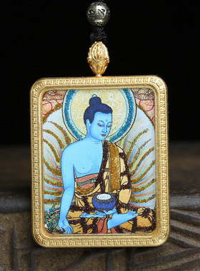 藏式文玩手工编织绳项链手绘描金药师佛唐卡佛牌挂坠复古毛衣链