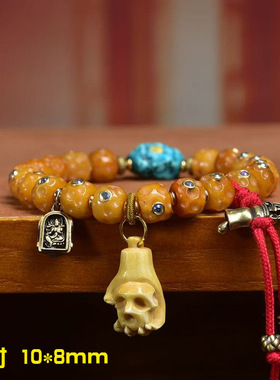 藏传回流骨桶珠镶嵌手串单圈牦牛骨根付松石玛瑙回纹珠配饰手链