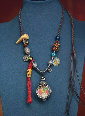 手工编织手搓绳项链藏式文玩黄财神嘎乌盒吊坠老天铁扎基拉姆挂坠