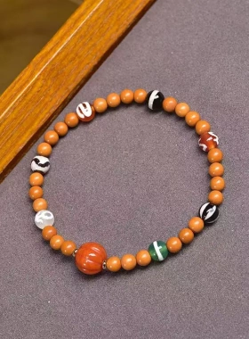 天然橄榄核手链女圆珠子单圈复古南红玛瑙松石根付白水晶天珠配饰