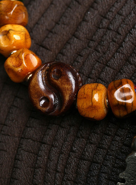 藏传回流牦牛骨雕刻桶珠手串单圈复古文玩佛珠铜卡子松石配饰手链