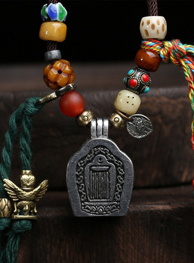 藏式文玩老铜嘎乌盒吊坠毛衣链回流骨玛瑙铜配饰手工编织绳项链