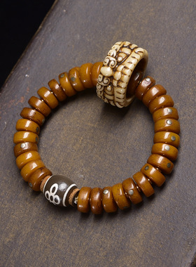 藏传回流骆驼骨盘珠手串单圈牦牛骨料器琉璃玛瑙天珠配饰文玩手链