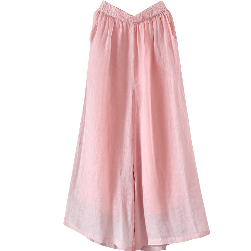 清爽飘逸纯色100支细苎麻长裤夏季新品宽松文艺凉爽阔腿裤裙裤女