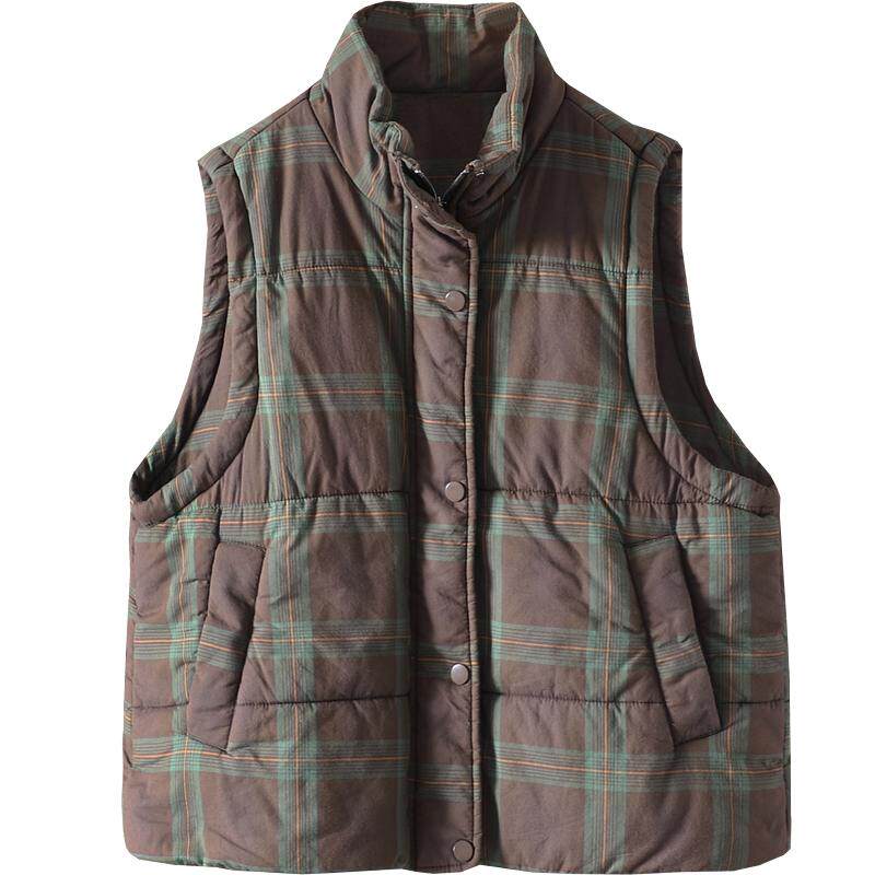 文艺宽松100%棉马甲无袖棉衣棉服背心冬季宽松夹棉加厚格子马夹女