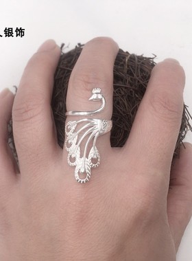 999纯银复古凤凰长款孔雀女戒指
