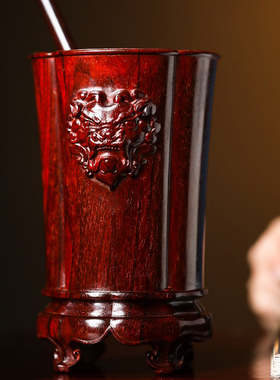 曹堂印度小叶紫檀木兽首貔貅笔筒