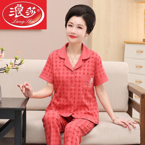 睡衣女短袖长裤纯棉妈妈春夏季薄款开衫加大码中老年全棉两件套装 - 图2