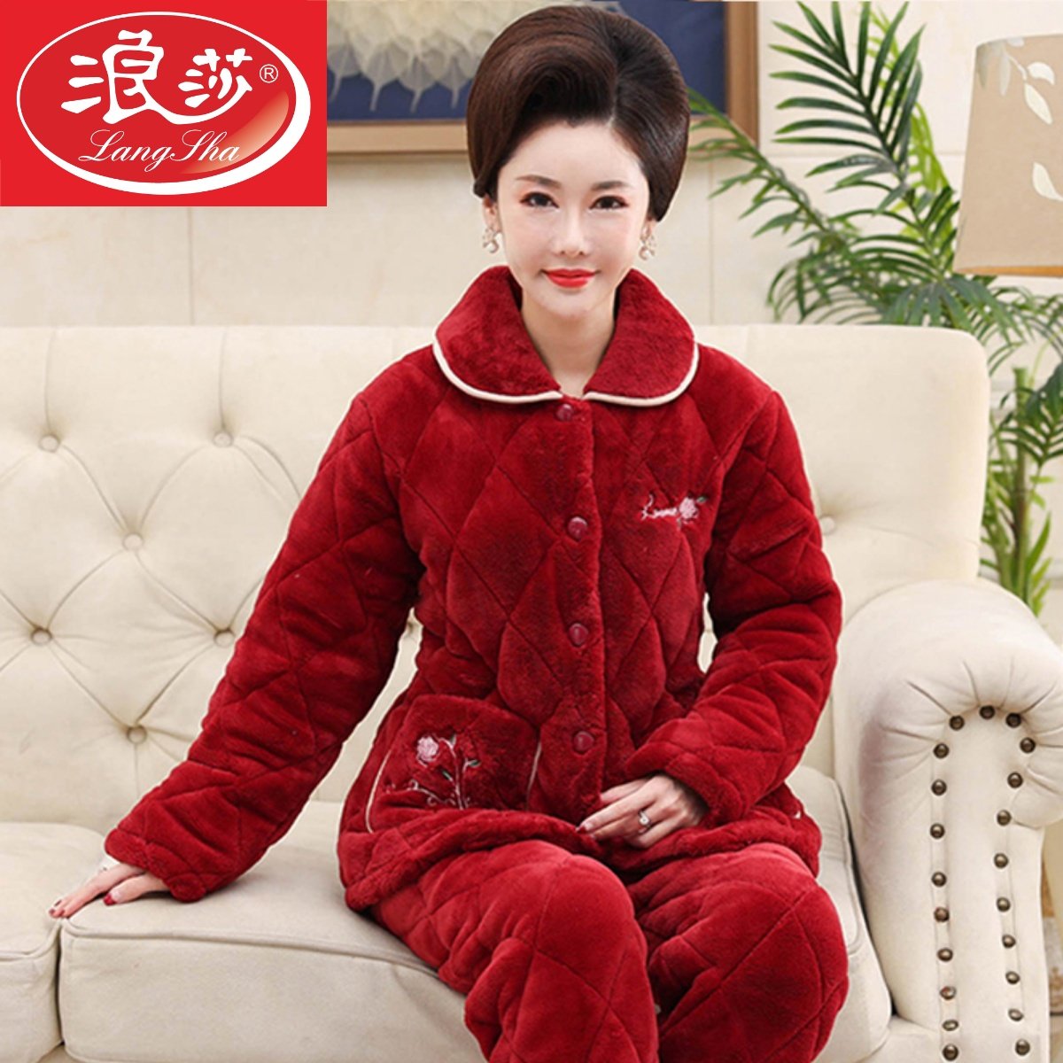 冬季珊瑚绒夹棉睡衣女中年妈妈中老年秋冬季三层加厚加绒保暖棉袄,淘宝优惠券,粉丝福利购,淘宝优惠卷