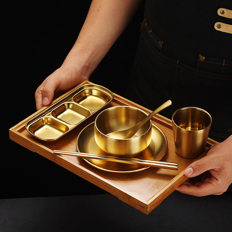 韩式不锈钢烤肉店餐具套装摆台金色筷子勺子水杯筷子味碟骨碟,淘宝优惠券,粉丝福利购,淘宝优惠卷