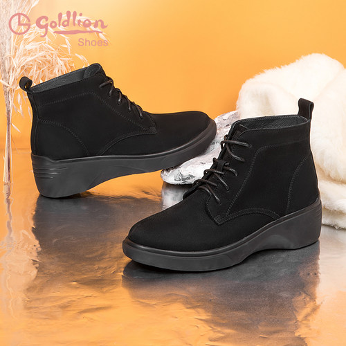 金利来真皮坡跟短靴秋冬单靴中年短筒妈妈靴子百搭厚底黑色马丁靴 - 图1