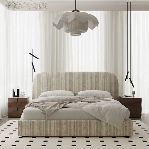 法式侘寂风软包布艺床现代简约主卧室北欧复古风雪尼尔网红双人床 - 图0