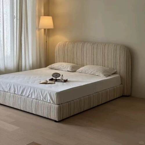 法式侘寂风软包布艺床现代简约主卧室北欧复古风雪尼尔网红双人床 - 图3