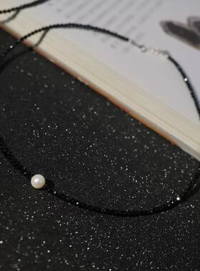 女细链颈链韩国性感黑项圈水晶黑色尖晶石项链颈链锁骨链项饰珍珠