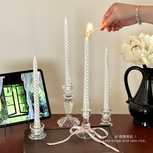 ins风法式缎面长杆螺纹蜡烛餐厅浪漫高级感装饰摆件节日家居布置 - 图0