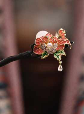 牡丹花檀木发簪女小众设