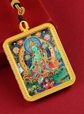 藏式半手绘描金唐卡绿度