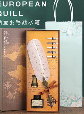 复古羽毛钢笔套装墨水雕