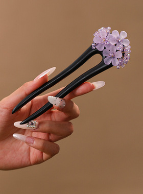 紫荆花U型钗檀木发簪日常