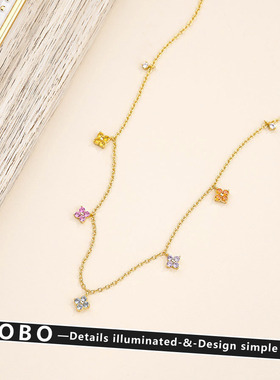 森系彩色水晶四叶草项链女轻奢彩锆高级感欧美潮流精致锁骨链手链