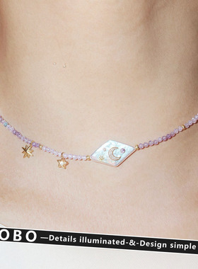 超仙天然巴洛克方块珍珠月亮项链星星丁香紫串珠颈链紫色锁骨链女