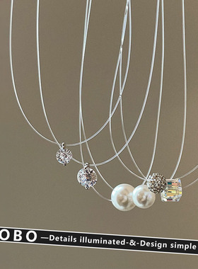 隐形鱼线锆石珍珠球吊坠项链女方块吊坠锁骨链女极简人鱼之泪颈链