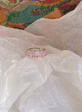 BoBo银色闪亮水钻戒指女仙女风小清新叠带百搭仿粉宝石排钻指环