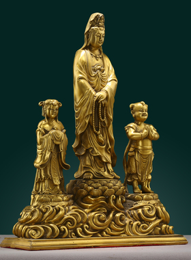 纯黄铜童子观音摆件金童玉女观世音菩萨铜像客厅装饰品家用供养佛