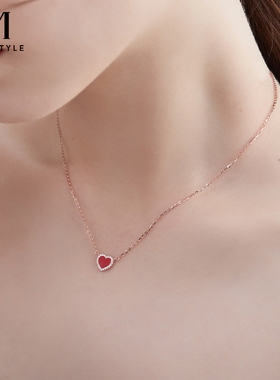 925银红色爱心项链女款2026新款轻奢小众高级感小红心锁骨链颈链