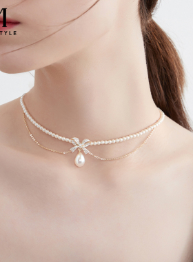 双层蝴蝶结仿珍珠轻奢小众颈链