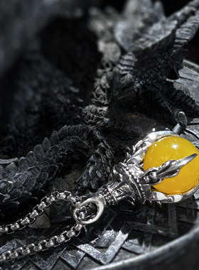 国潮男纯银龙珠宝石吊坠项链