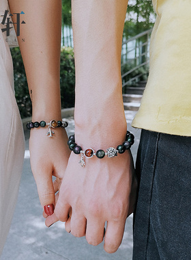 古代风信物黑曜石纯银情侣手链