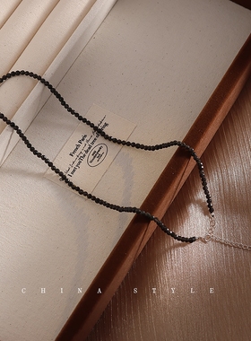 天然黑曜石项链女纯银小众设计高级感新中式简约气质串珠锁骨链