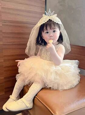 女童甜美生日发箍公主宝宝皇冠头纱发饰超仙女童珍珠流苏蕾丝发卡