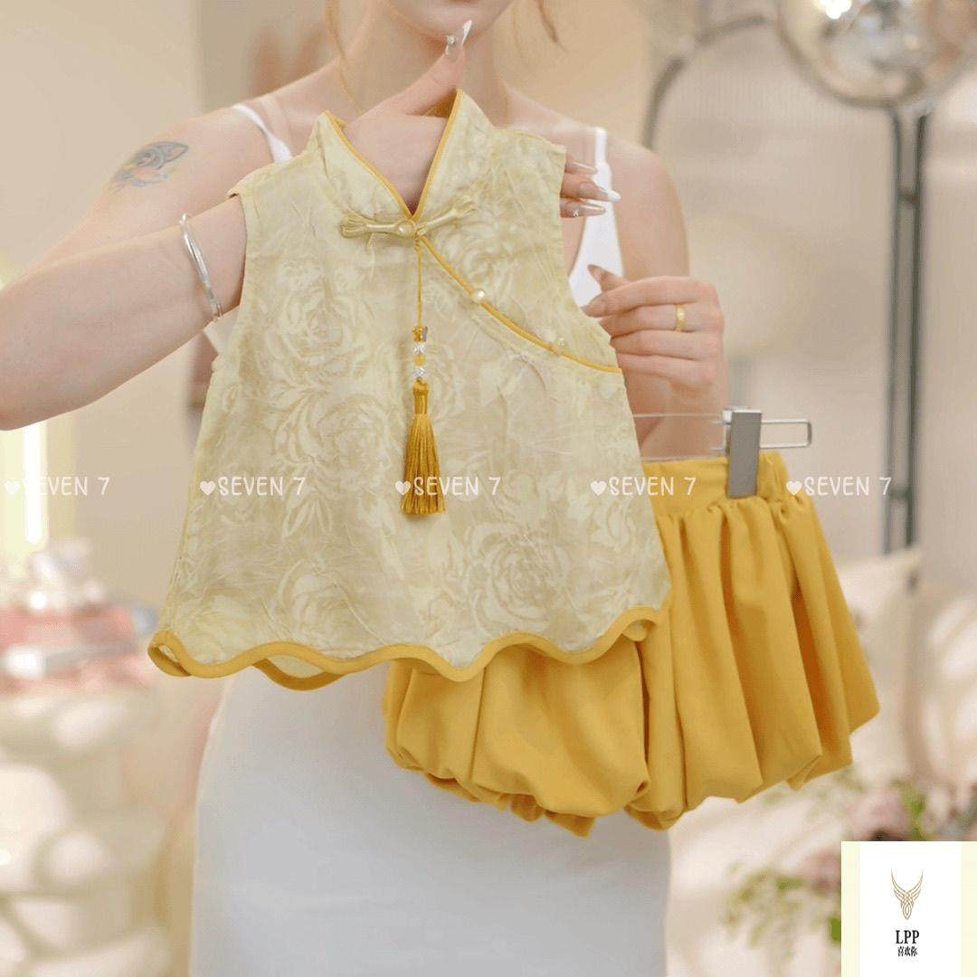 清仓女童2025夏季新款中国风设计感提花盘扣汉服马甲花苞短裤两件,淘宝优惠券,粉丝福利购,淘宝优惠卷