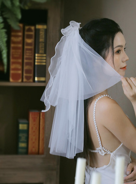 新娘短款领证求婚蝴蝶结白色头纱