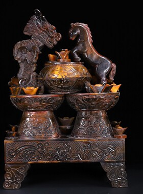 古玩旧藏珍藏牛角财富共赢龙马精神聚宝盆大摆件工艺