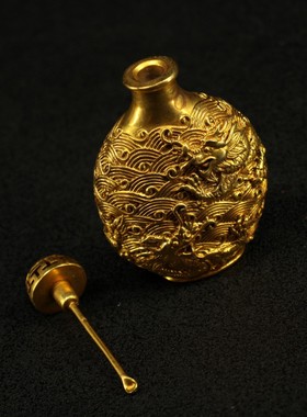 古玩古董收藏纯铜鎏金双龙戏珠鼻烟壶把件烟具铜器文玩装饰品用具