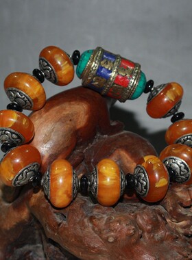 尼泊尔古玩老琥珀二代老蜜蜡圆珠大珠手链佛珠念珠手串饰品