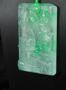 高冰种飘绿老翠玉山水吊牌玉佩项链缅甸老翡翠冰透毛衣链正品百搭