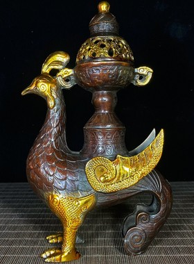 高档紫铜色仿古纯铜鎏金三足狮子香薰炉装饰摆件宣德炉家用香炉