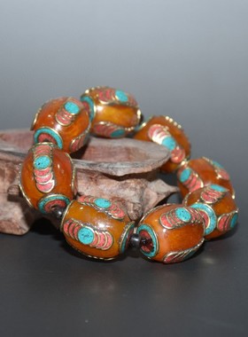 藏风个性尼泊尔手工珠子六字真言仿蜜蜡珠绿松石佛珠手环菩提子