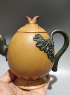 古玩杂项旧藏老紫砂壶原矿绿泥手工雕刻南瓜壶茶壶茶具摆件