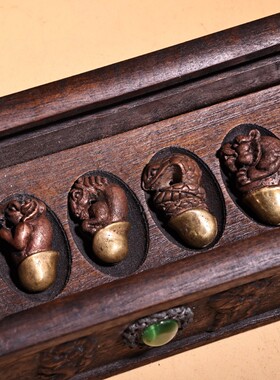 民俗收藏古玩古董木雕纯铜鎏金十二生肖老货摆件老红木花梨木盒子