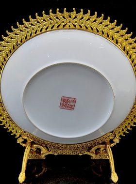 古玩收藏纯手工锦盒内铜鎏金瓷器盘子家居装饰品客厅玄关博古架
