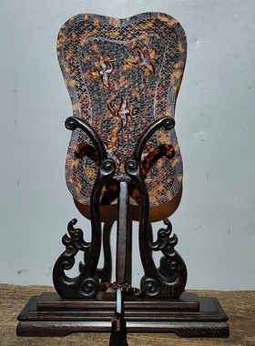 文案陈设花梨木嵌宫扇旧藏老花梨木宫扇屏风摆件古玩摆件收藏品