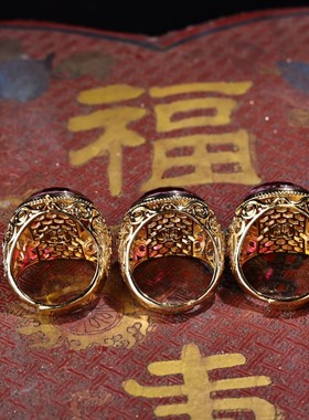 珍品旧藏老花丝工艺鎏金镶嵌红宝石戒指一盒古玩饰品收藏古玩