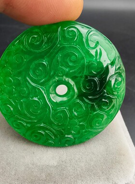 正品玉石缅甸翡翠老坑高冰种帝王绿阳绿厚桩大款雕花平安扣坠