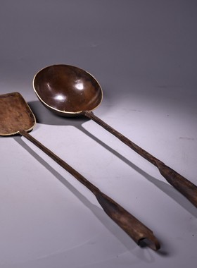 旧藏纯铜传统老工艺纯手工打造熟铜加厚家用铲子勺子一套厨具收藏